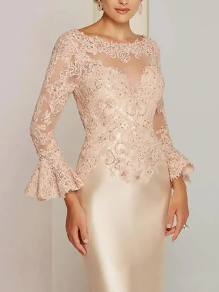 Lace Elegant Mother Appliuqed of the Bride Dresses Sheer Neck Long Sleeves Knee Length Evening Gowns Sheath Wedding Guest Dress