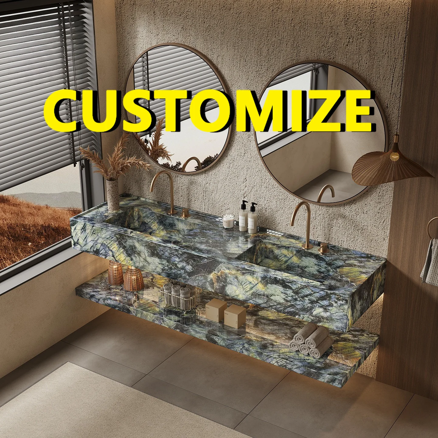 Any Size Custom Modern Artistic Amber Gold Marble Double Sink Vanity Gradient Contrast Veins Multi Stone Choices Unique Bathroom