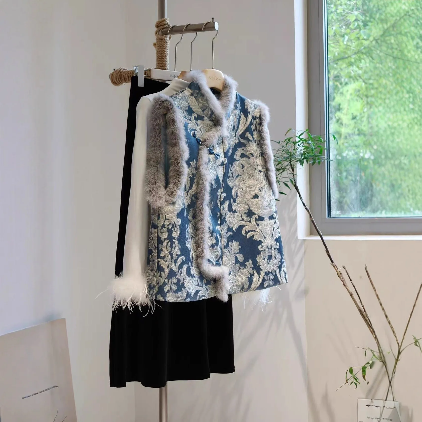 Uui mao novo casaco estilo chinês novo brocado jacquard herança cultural intangível colete jaqueta sem mangas pele de coelho