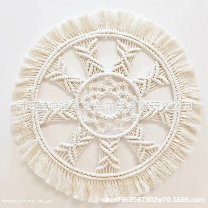 Boho Hand Woven Macrame Wall Hanging Round Cotton Tassel Tapestry for Home Wall Decor