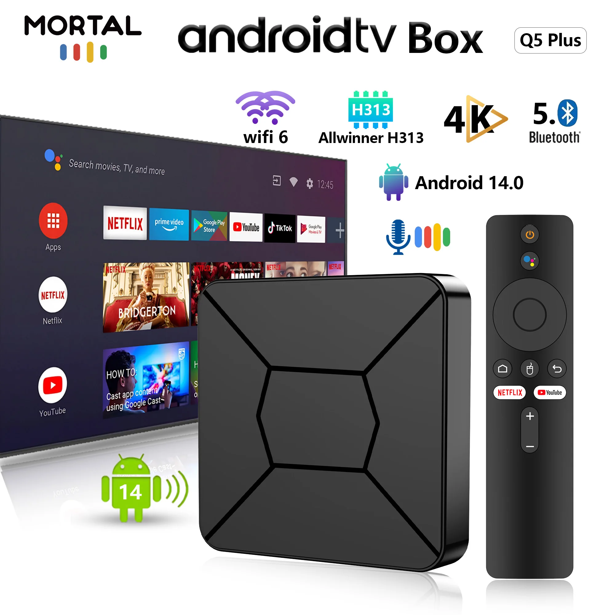 صندوق تلفاز ذكي مورتال أندرويد 14 Q5Plus Allwinner H313 صوت واي فاي 6 HDMI 4K HDR10 2G 16G ROM فيديو يوتيوب مشغل وسائط صندوق تلفاز