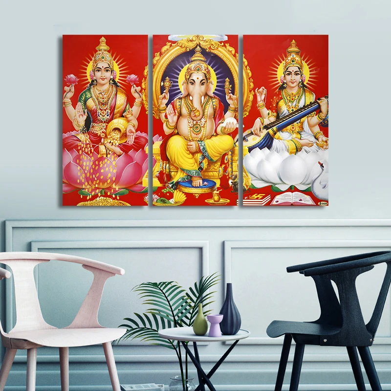 3 Panel Laxmi Ganesh And Saraswati Canvas Painting Wall Art Hinduism God Posters Prints Living Room Home Wall Decor No Frame