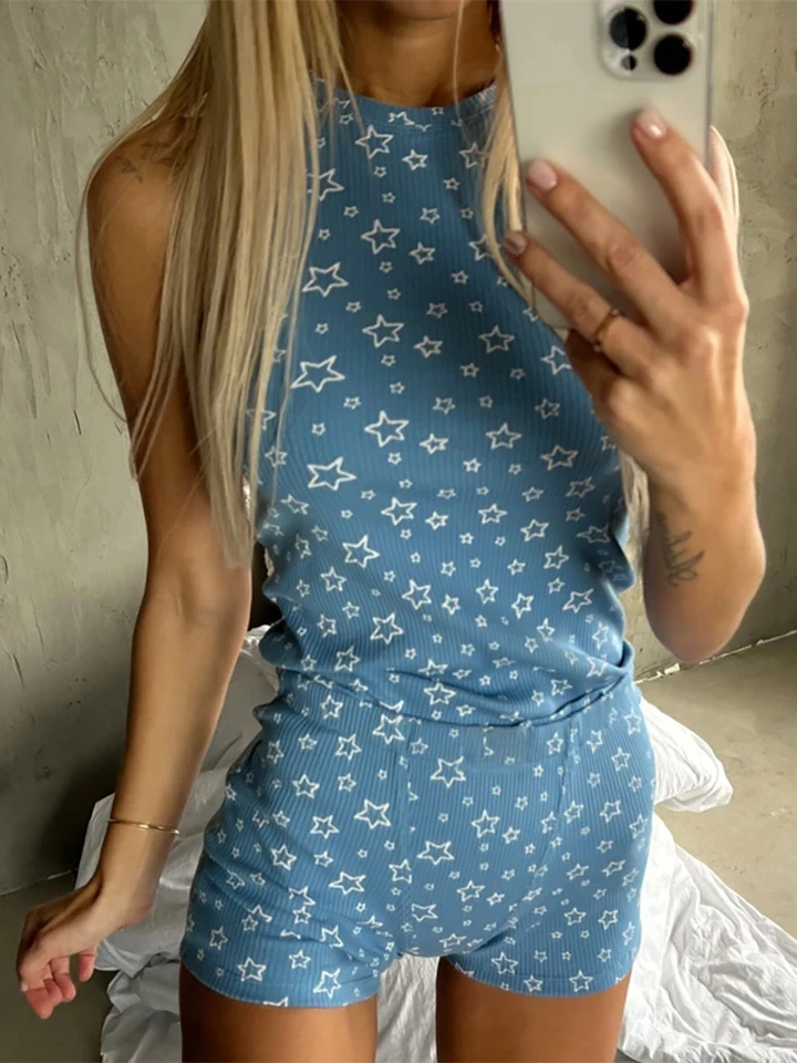 

Summer Sleeveless Slim Soft Homewear Two Piece Sets Women Simple Hollow Out Outfit Casual Pattern Printed O-neck Vest&Shorts Set