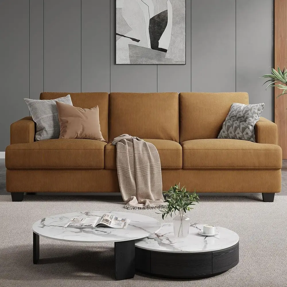 

Extra Deep 3-Seater Sofa with Oversized Seats, Comfortable Armrests, Ginger Yellow Corduroy Fabric, Easy Assembly