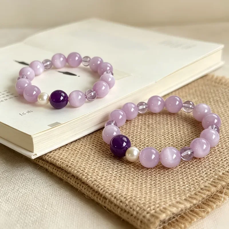 Brushed cat's eye purple spodumene violet amethyst crystal bracelet, female natural crystal girlfriend temperament bracelet.