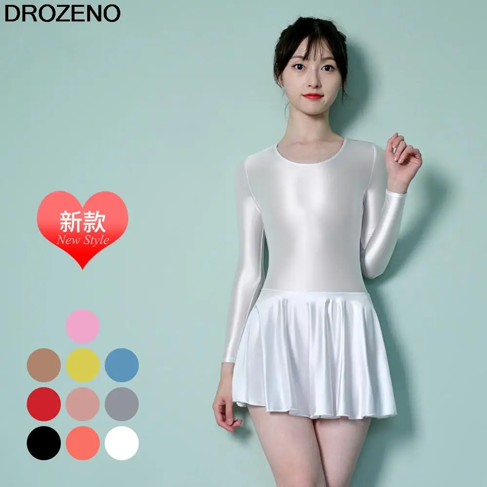 Drozeno Tight  sexy  Glossy Silky One-Piece Tight Skirt Sports Yoga Ballet Dance Dress Long Sleeve Body Skirt One-Piece Swimsuit