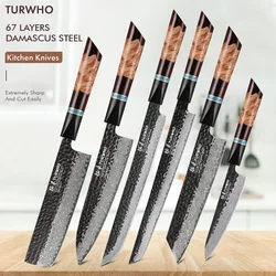 TURWHO Hand Forged Kitchen Knives Damascus Steel VG10 Chef Knife Japanese Kiritsuke Nakiri Utility Slicing Salmon Sashimi Knife