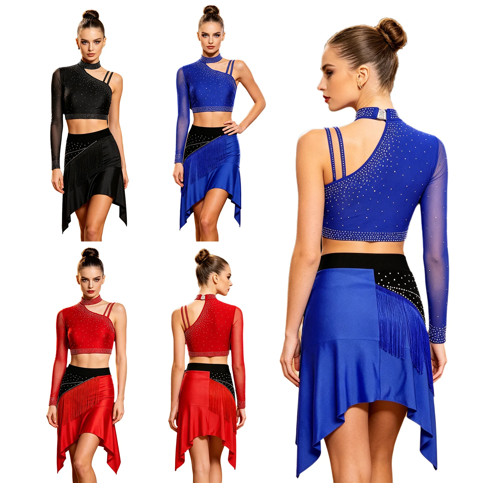 Tenue de performance de danse jazz et latine pour femmes avec strass, haut court asymétrique et jupe-collant à franges pour gymnastique