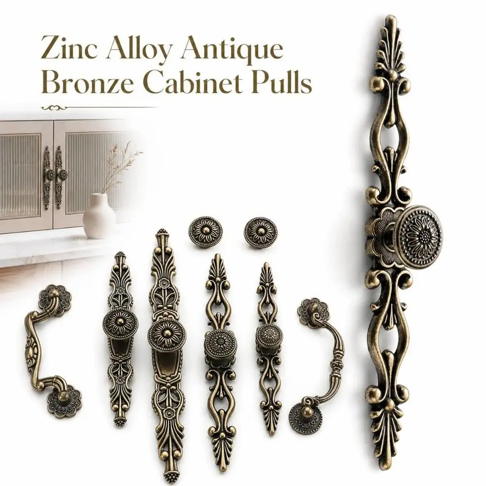 Zinc Alloy Antique Bronze Cabinet Pulls European Carved Cabinet Drawer Knobs Bronze-Finished Durable Hardware Cabinet Handles