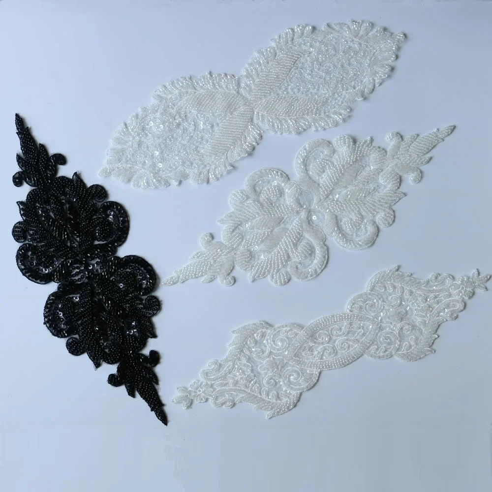 DIY luxury beaded embroidery lace appliques for wedding dresses Rhinestone lace applique patches Embroidery lace parches ropa