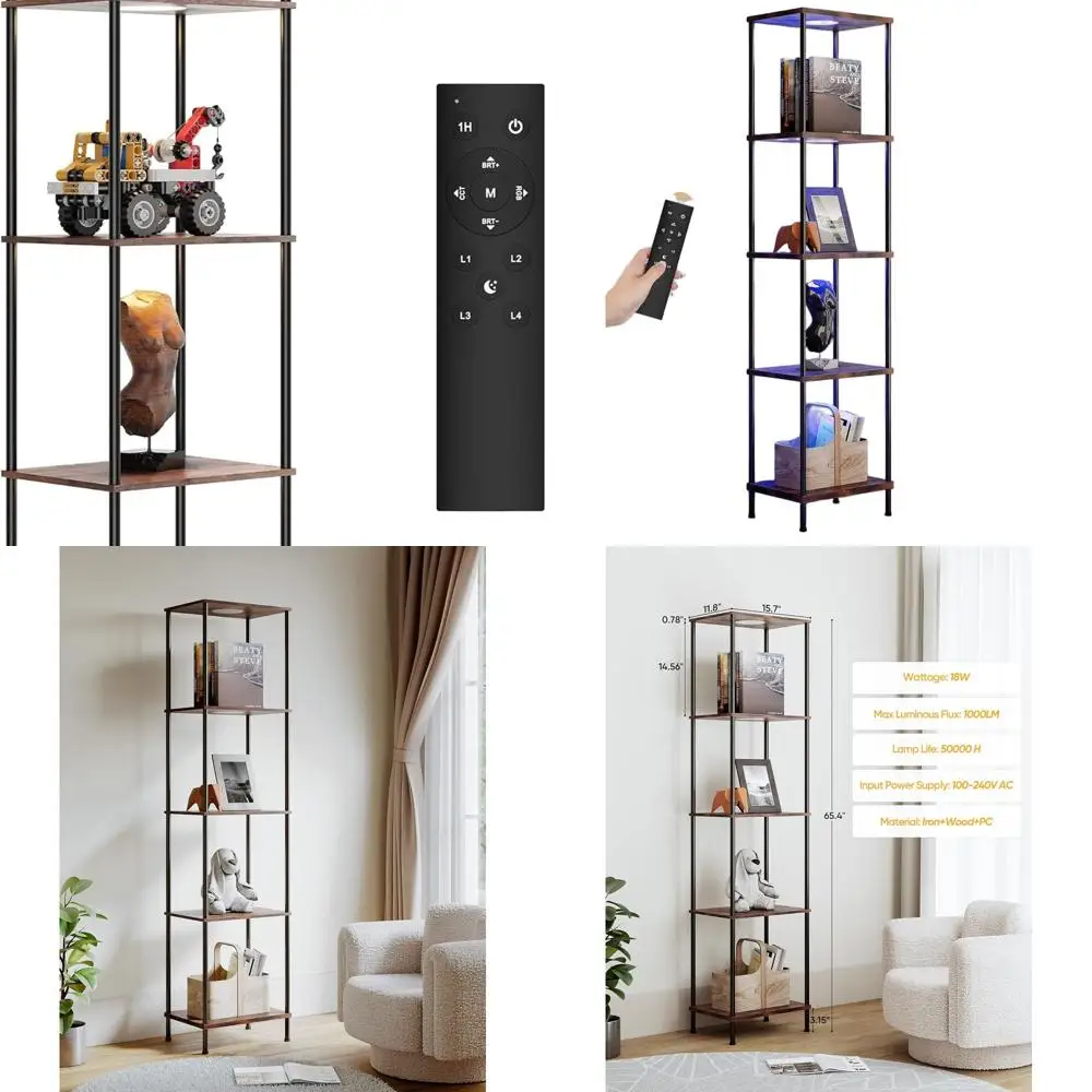 

Corner Floor Lamp with RGBW Light and Shelves, Modern Curio Cabinet for Room Decor, Brown