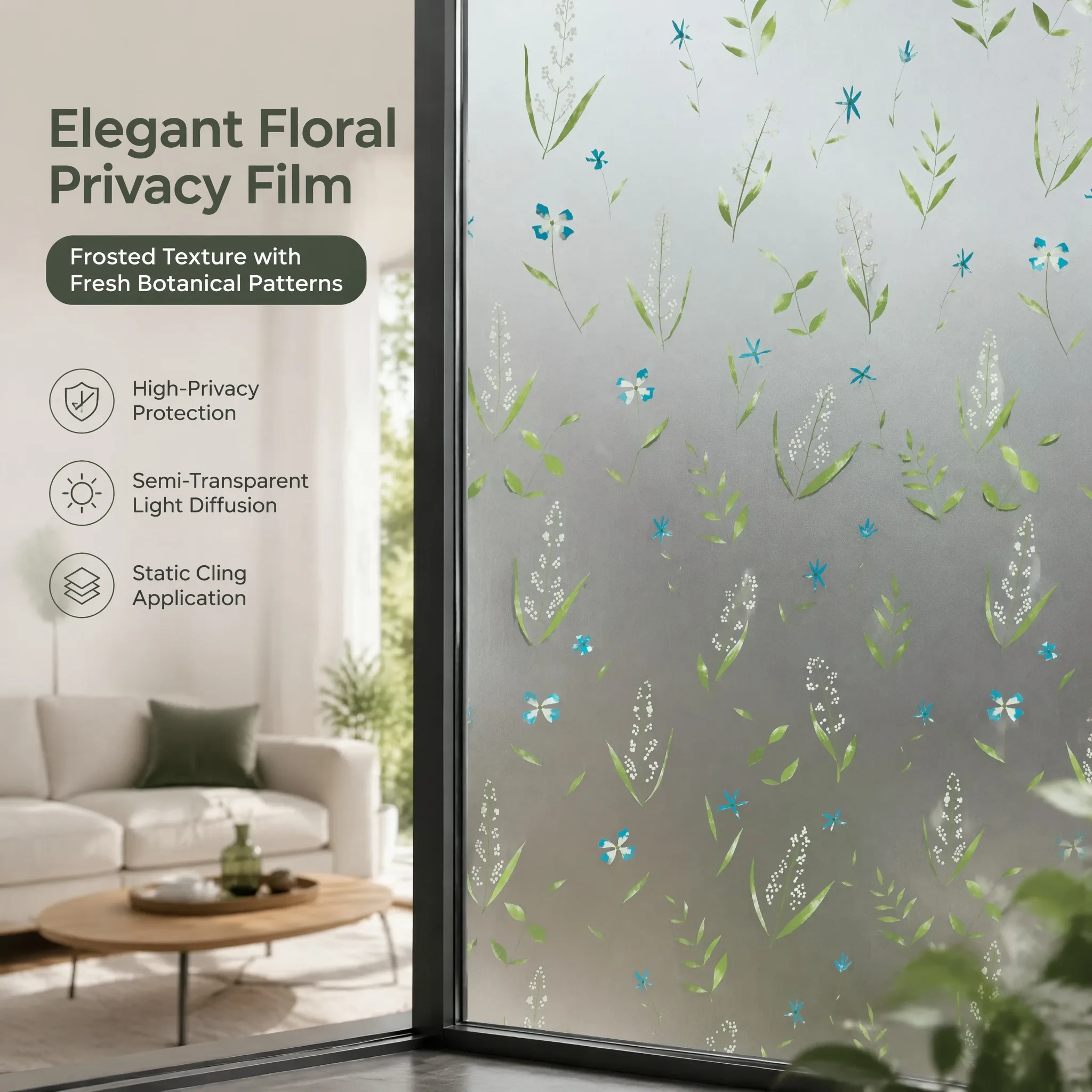 Self-Adhesive Watercolor Wildflower Botanical Frosted Window Film Anti-UV Waterproof Removable No Residue Floral Glass Sticker
