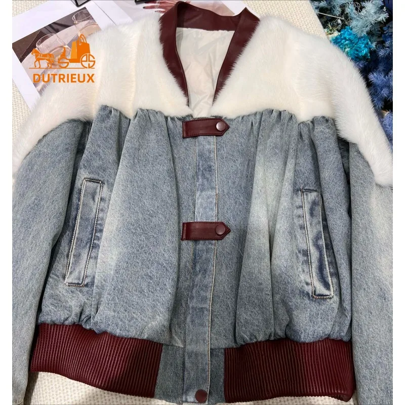 Novo inverno para baixo jaqueta para mulher curto com decote em v pele de vison costura personalizado-tingido denim 90 branco ganso para baixo jaqueta casaco quente para mulher