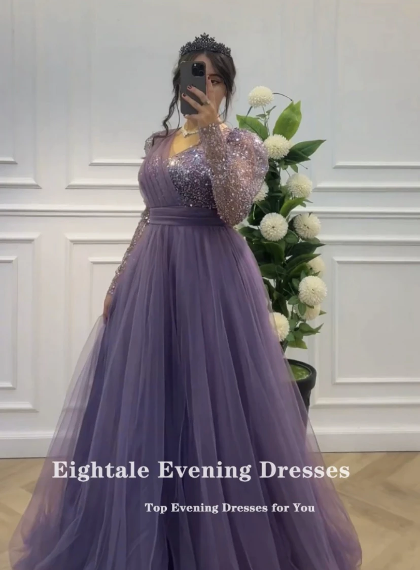 Eightale Luxury Evening Dresses Customized V-Neck Sequined A-Line Purple Tulle Prom Gown for Wedding Party robes de soirée