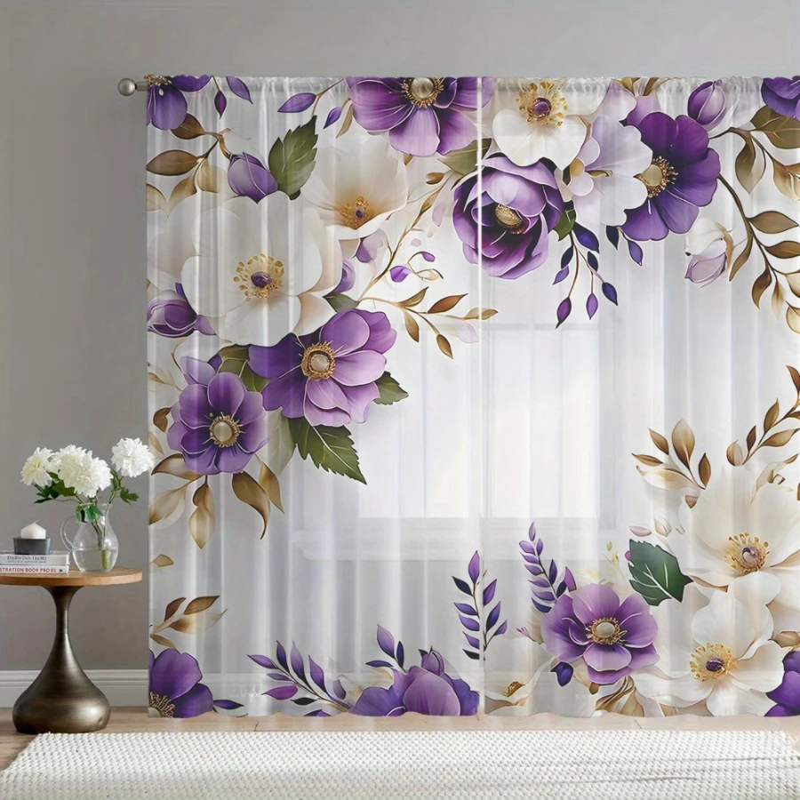 2PCS Digital Print Sheer Curtain, Purple White Floral, Vintage Floral Window Curtains for Living Room Bedroom Home Decor
