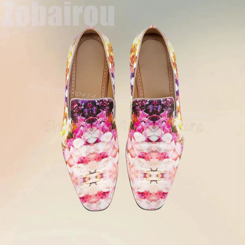 Colorful Floral Graffiti Print Square Toe Loafers Fashion Slip On Men Shoes Luxury Handmade Party Feast Banquet Men Casual Shoes