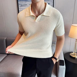 Summer Hollow Knitted Short Sleeved Polo shirt Mens Elasticity Mesh Casual T Shirt Male V Neck Slim Fit Breathable Polo Shirt