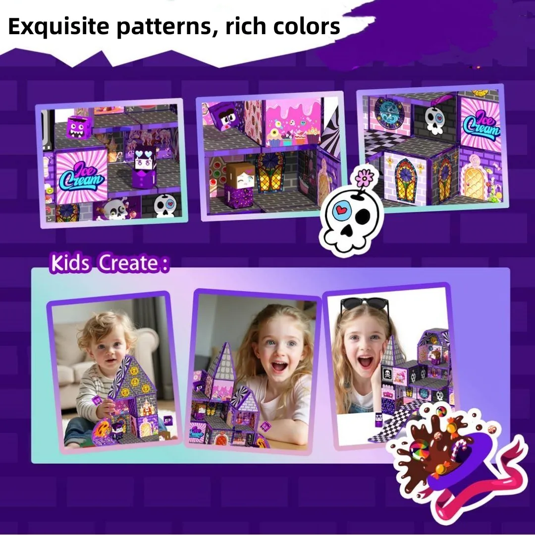 Klocki magnetyczne, kolorowe płytki magnetyczne, budowanie zamków z zabawek, ręcznie robione puzzle DIY, zabawki STEM, prezenty na Halloween i Boże Narodzenie