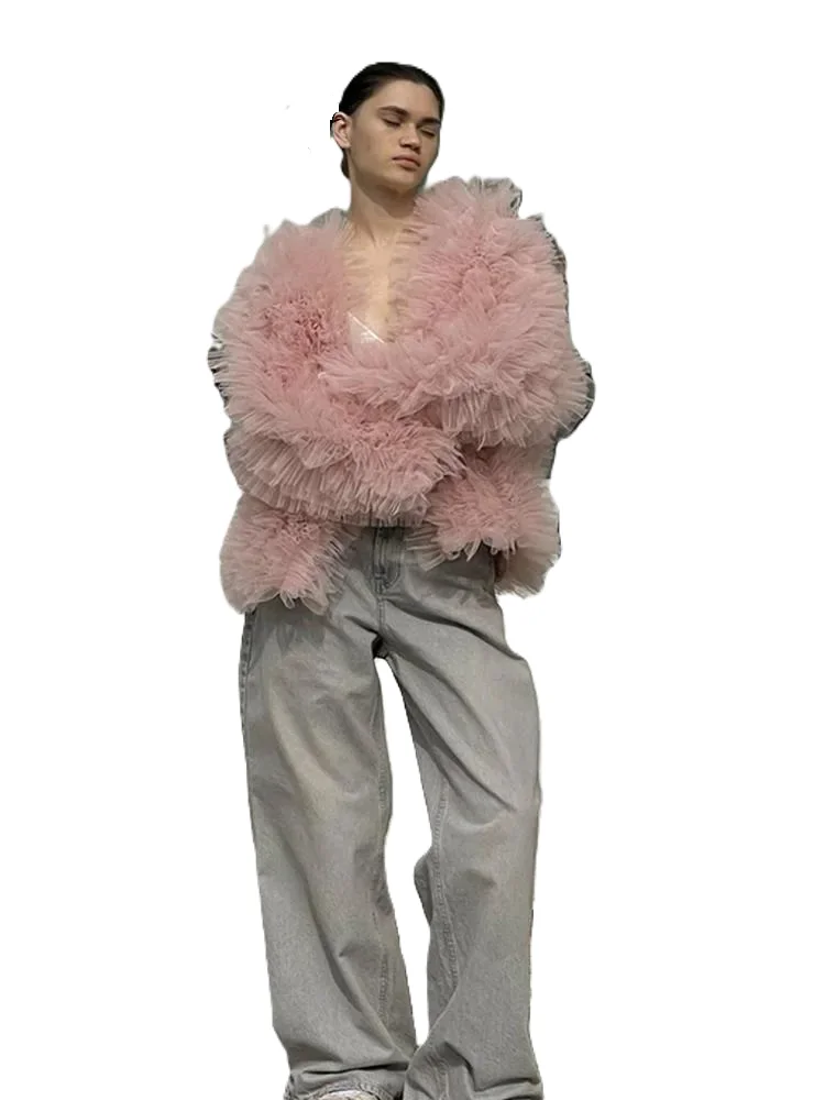 Giacche da donna Street Tulle Pizzo Cappotti corti Donna Elegante manica lunga Soffice giacca a pieghe Donna 2024 Autunno Inverno Moda