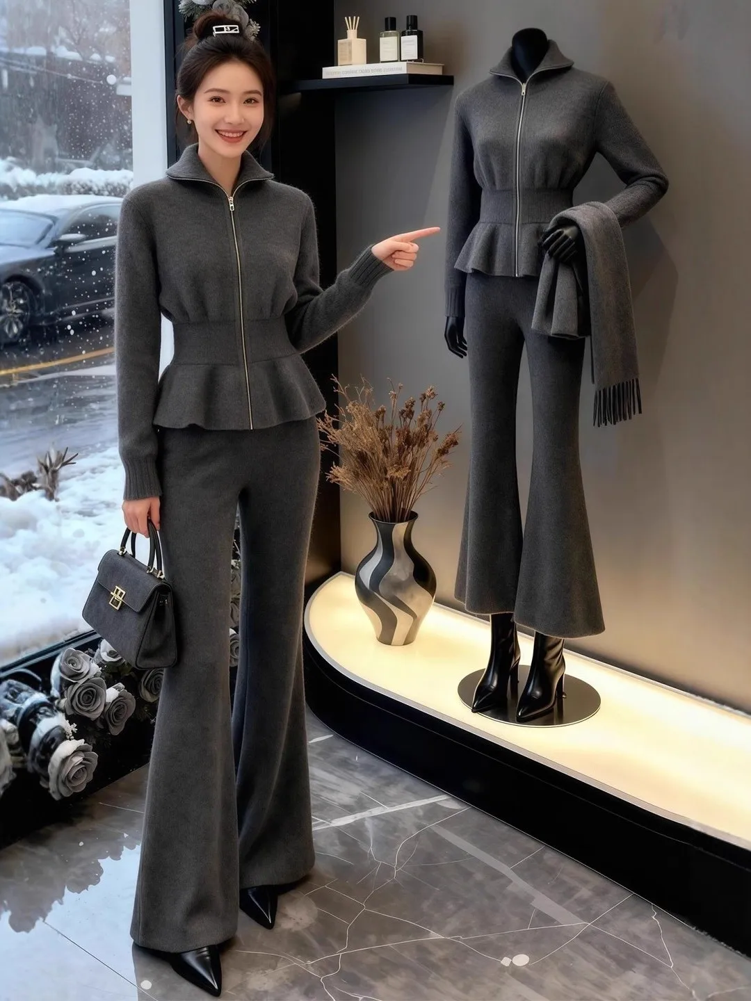 

Повседневное пальто женское осенне-зимнее пальто с воротником-стойкой на молнии на талии, модный модный топ и повседневные брюки, модный комплект из двух предметов