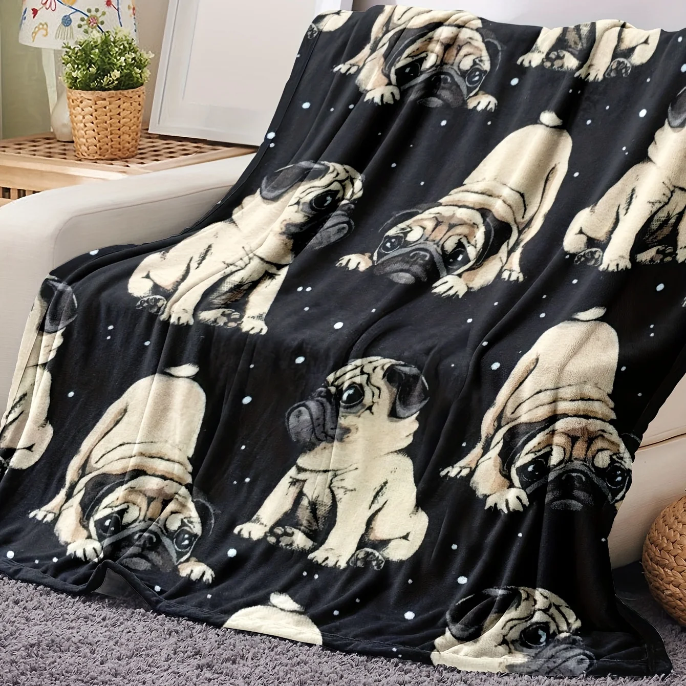 3DFlannel Digital Print Soft Skin Cute Pug, Star Puppy, Dog Lover Blanket Multi-functional Blanket Product Material: Flannel Pro