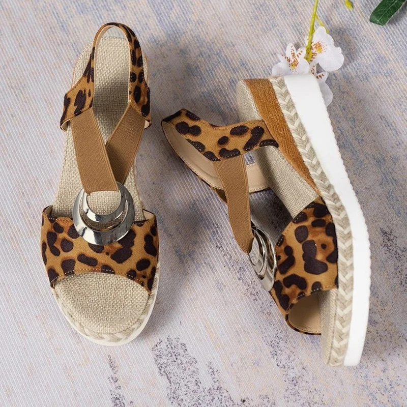 Fashion Leopard Print Women\'s Sandals 2024 Metal Decoration Wedges Sandalias Mujer Lightweight Non-Slip Gladiator Shoes Women