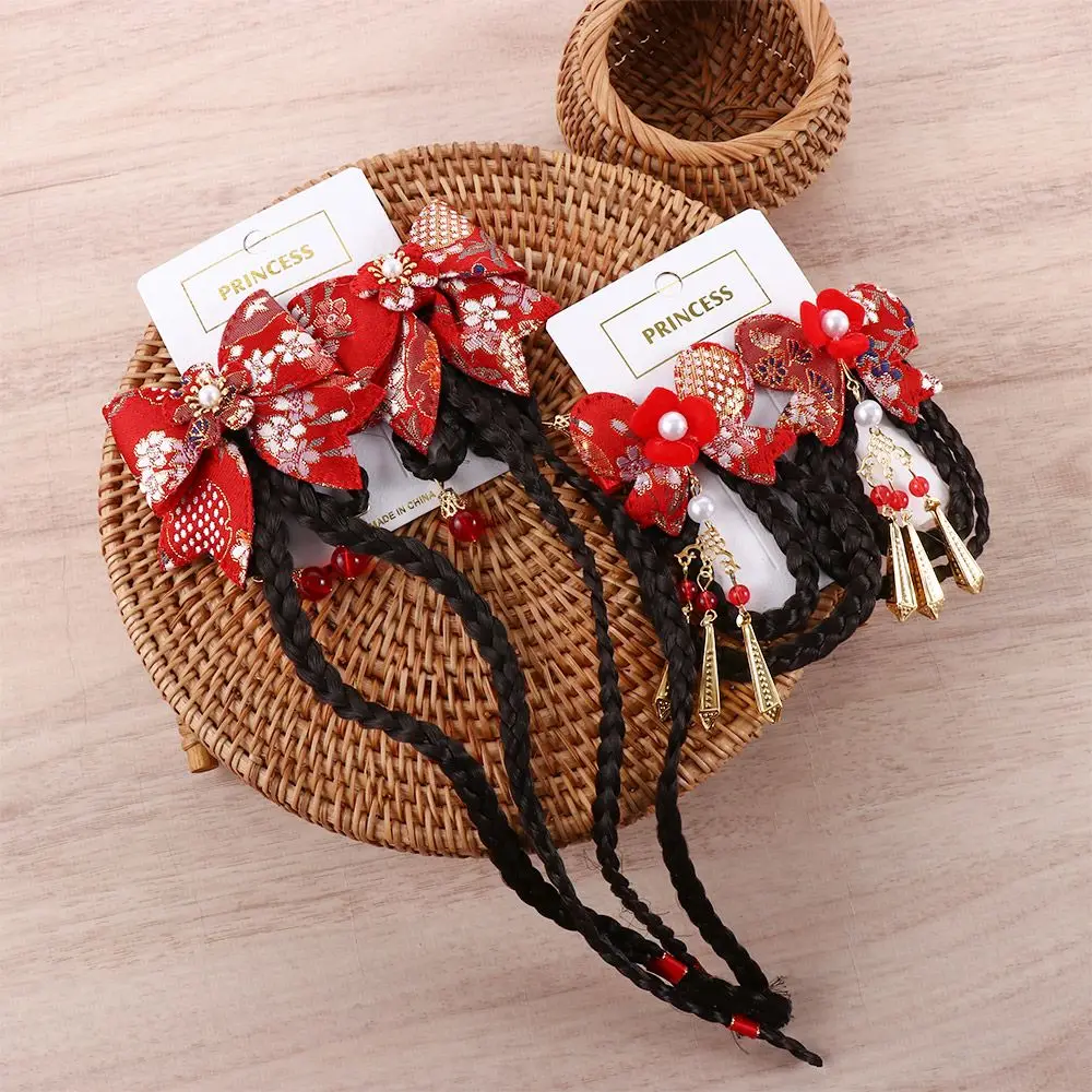 Épingles à cheveux à nœud latéral pour enfants, épingles à cheveux à pampilles Hanfu, tresse de perruque, coiffure rouge du Nouvel An, accessoires pour cheveux pour femmes, 2 pièces