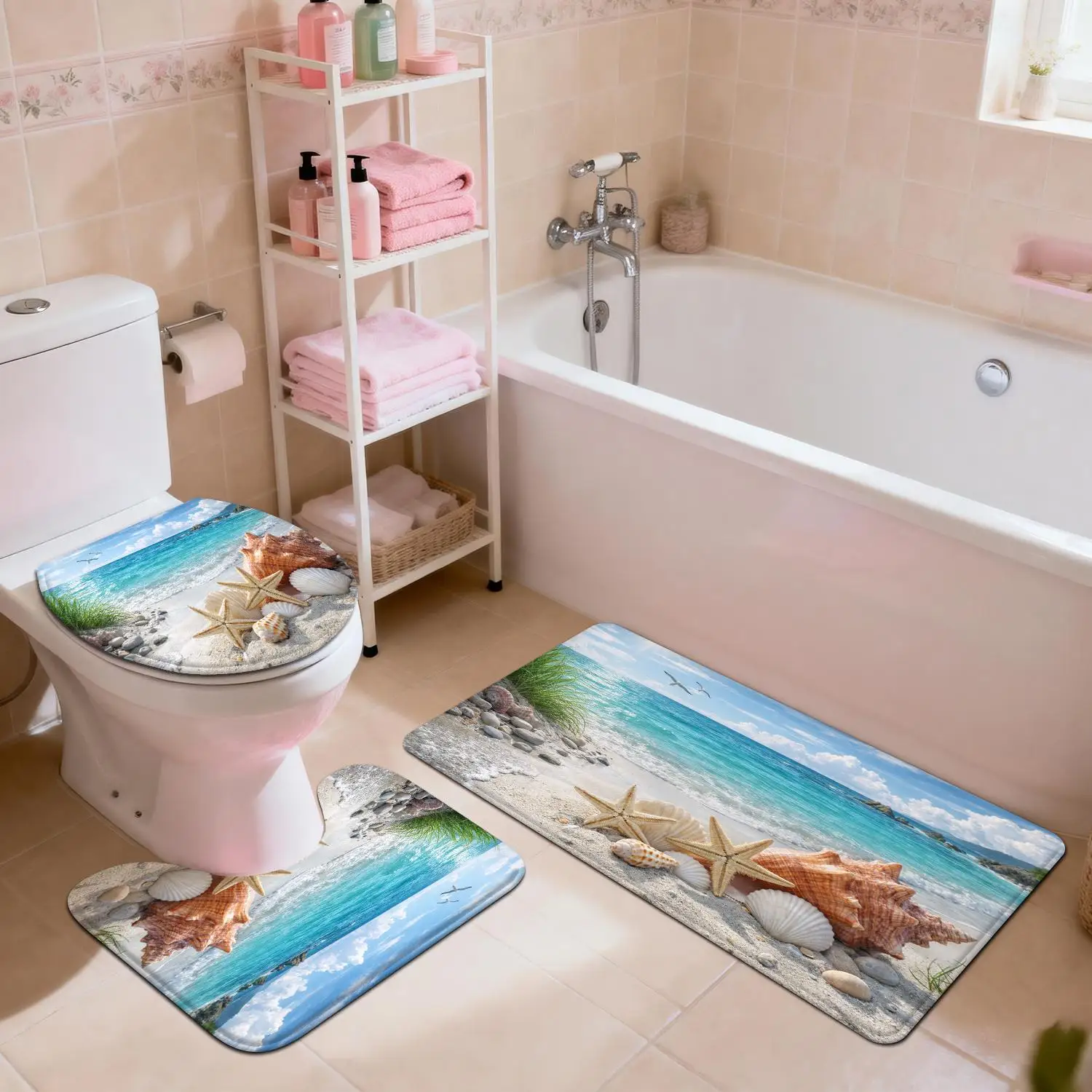 

Набор из 3-х ковриков для ванной комнаты с морскими ракушками и морскими звездами, нескользящие, мягкие, для туалета, раковины, ванной, домашнего декора