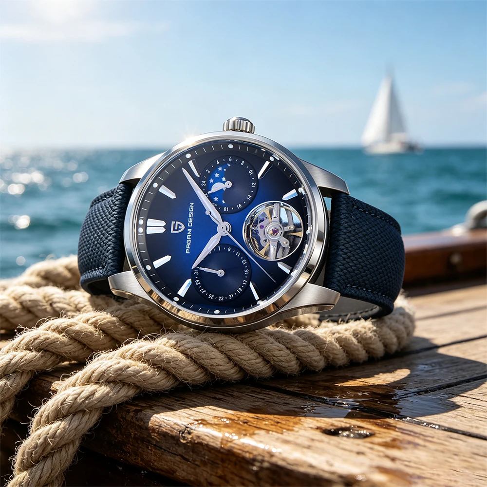 PAGANI DESIGN Herrenuhren mit blauem Farbverlaufszifferblatt, Tourbillon, Mondphase, Automatikuhr für Herren, 2026, neue mechanische Armbanduhr für Herren
