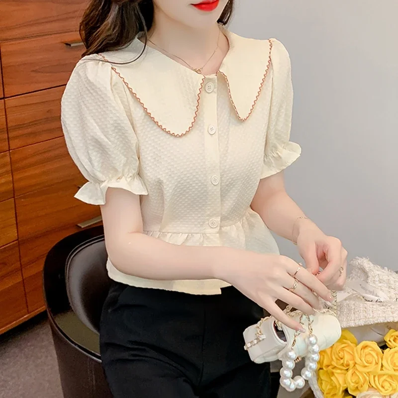 Vintage Summer Crop Tops Women Blouses 2024 Fashion Short Sleeve Blusas Femininas Korean Style Slim Puff Sleeve Chiffon Shirts