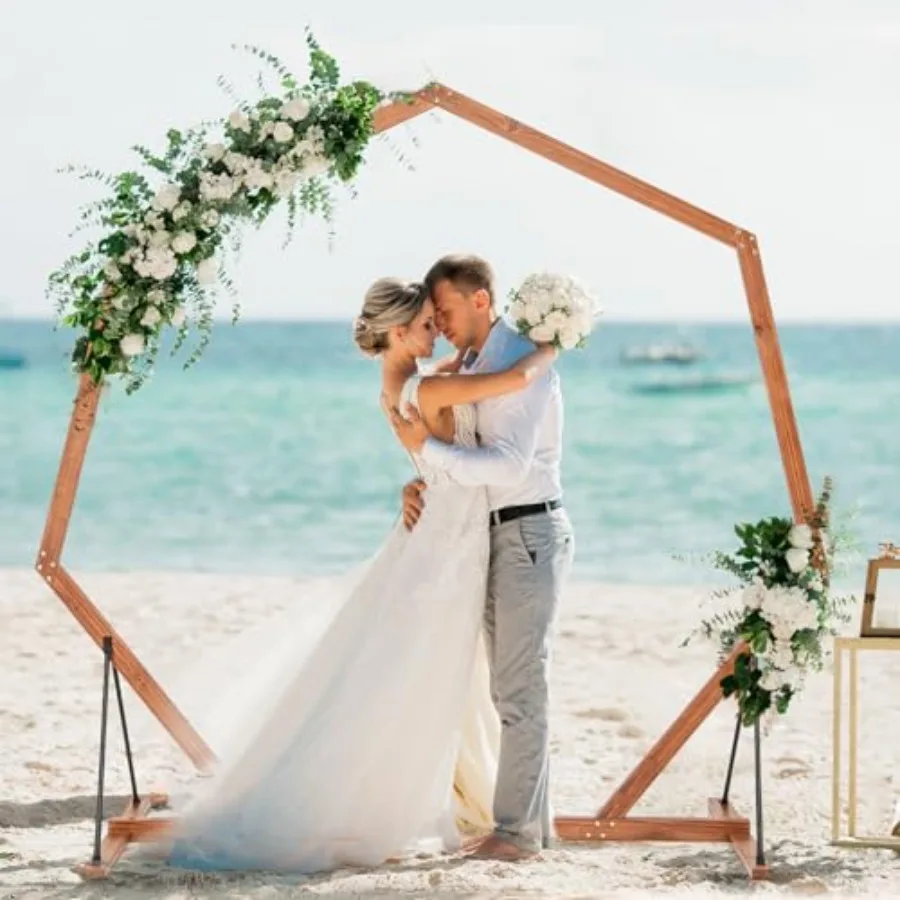 

Wooden Wedding Arch for Ceremony, 7 FT Heptagon Solid Wood Arbor for Wedding Backdrop Stand, Rustic Boho Wedding Decoration for