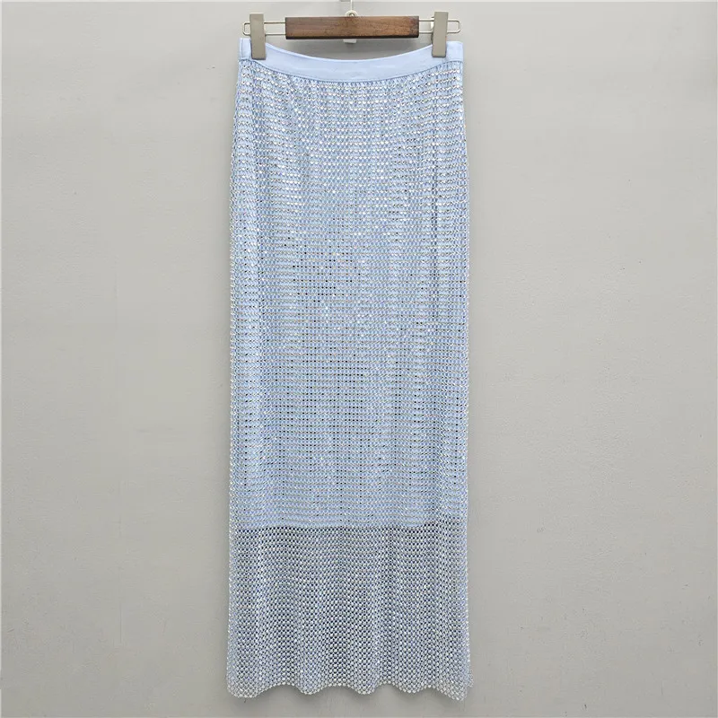Colorful Full Diamond Shiny Elastic Waist Women Skirts New Spring Summer Elegant Hollow Out Ultra Long Female Straight Skirts