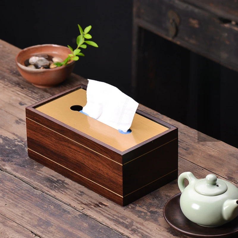 

Ebony Tissue Box with Brass Inlay, Solid Wood Original New Chinese Style Storage Box, High-End Retro Decorative Home Accessory