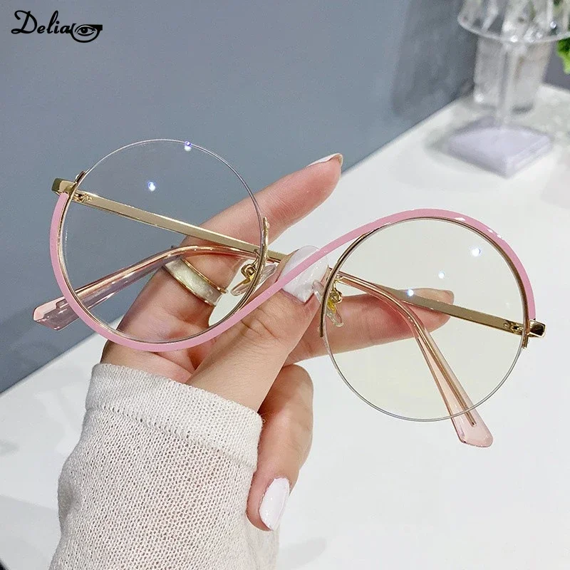 1PC Round Semi-Rimless S Shape Glasses Women Eyeglasses Big Frame Clear Lens Optical Eyewear Men Vintage Anti-Blue Light Glasses