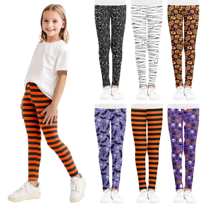 Halloween Bats Skull Head Printed Leggings for Kids Girls Autumn Winter Warm Breathable Sports Leggings for Children Party Wear