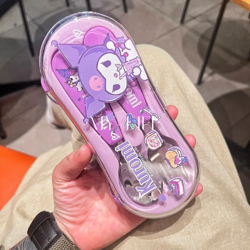 2 pezzi   anime   Hello Kitty   La mia melodia   Cucchiaio forchetta in acciaio inox   Kawaii   Portatile   Forchetta da frutta   decorare   Set di stoviglie   Cucchiaio forchetta   Regalo
