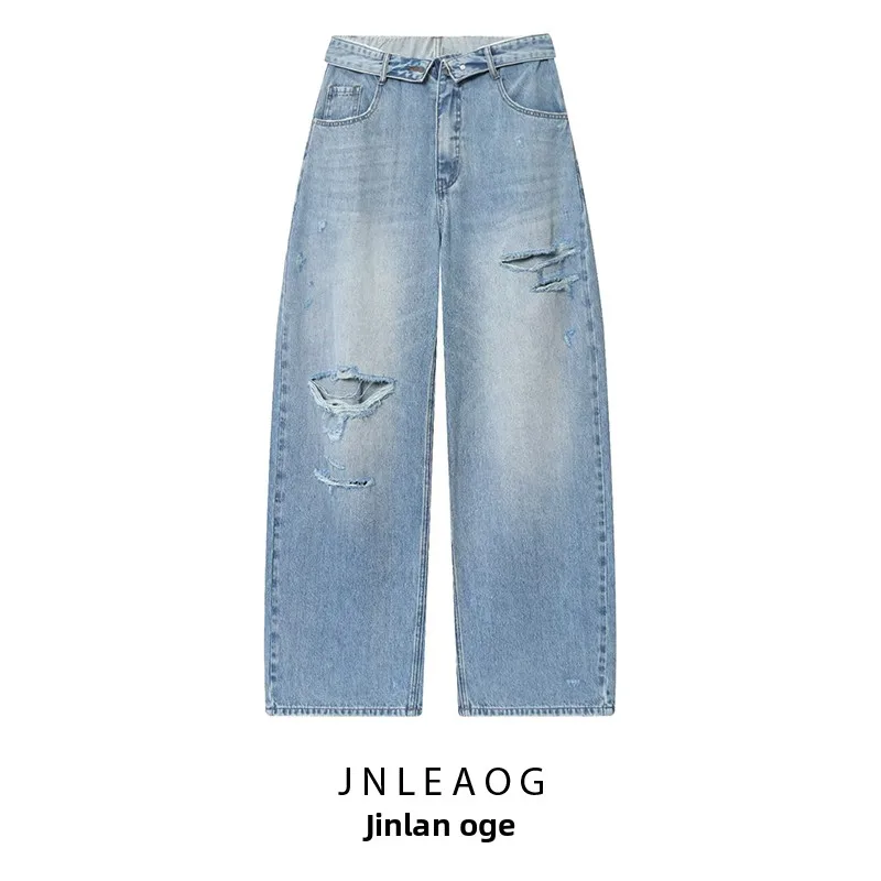 

JNLEAOG, осенние новые женские дизайнерские джинсы со средней посадкой и откидной талией, французские джинсы с открытой талией из полиэстера, повседневные свободные джинсы на молнии