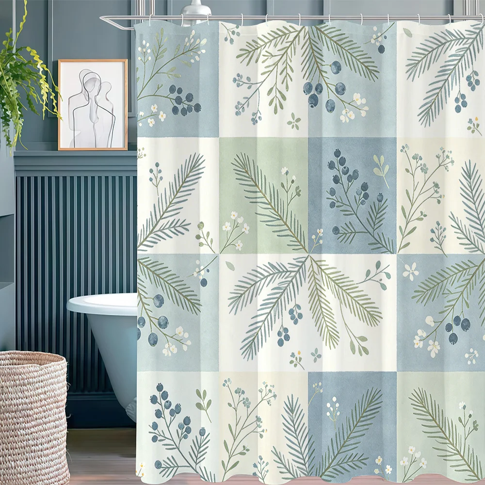 Blue Green Botanical Patchwork Shower Curtain, Vintage Leaf & Berry Print Waterproof Bathroom Decor, Rustic Home Bath Screen
