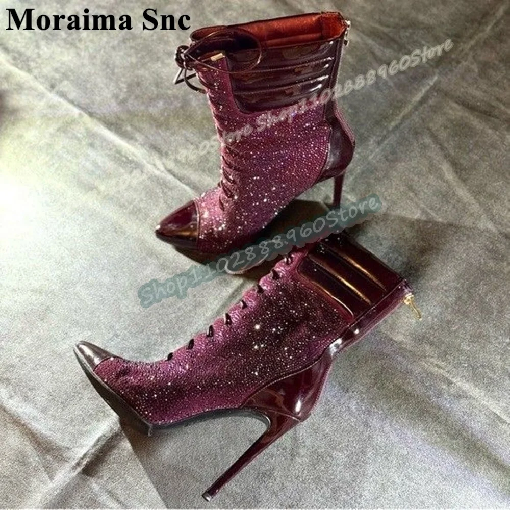 

Mid Calf Burgundy Sparkling Crystals Cross Tied Boots Thin High Heel Women Shoes Back Zipper Pointed Toe 2026 Zapatos Para Mujer