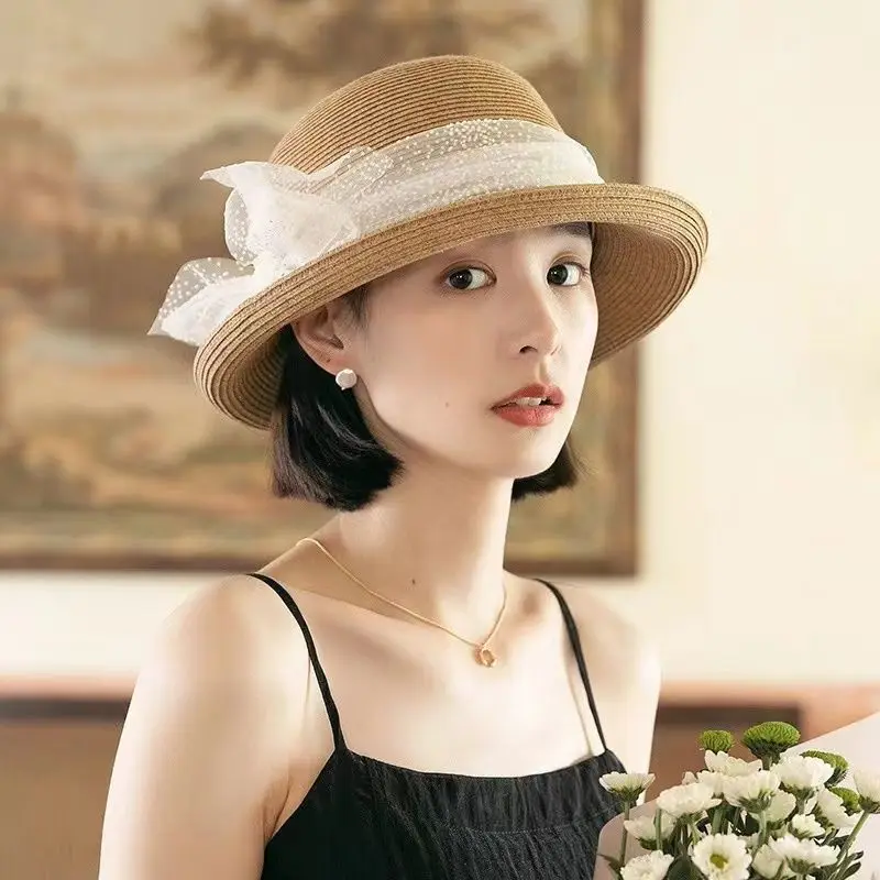 New women's summer lace sun hat women sun protection Japanese-style fashion rolled-brimmed braided trendy Straw Beach Hats