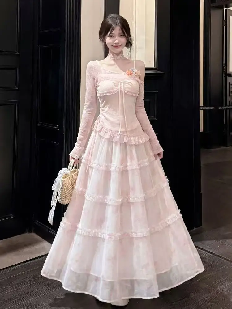 

Summer Fashion Sweet Holiday Style Sloping Shoulder Blouse+sling Inside+light Pink Skirt Temperament Three-piece Suit Women