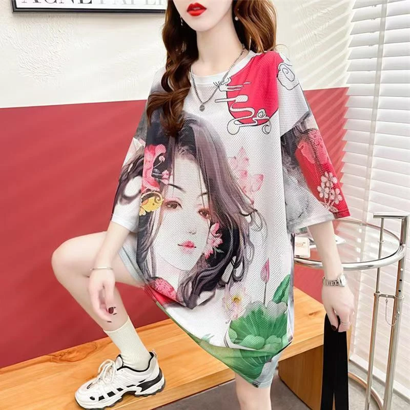 DAYIFUN-Women\'s Letter Character Printed T-shirts Oversized Long Tees Summer Loose Female Korean Simple Chic O-neck Hip Hop Tops