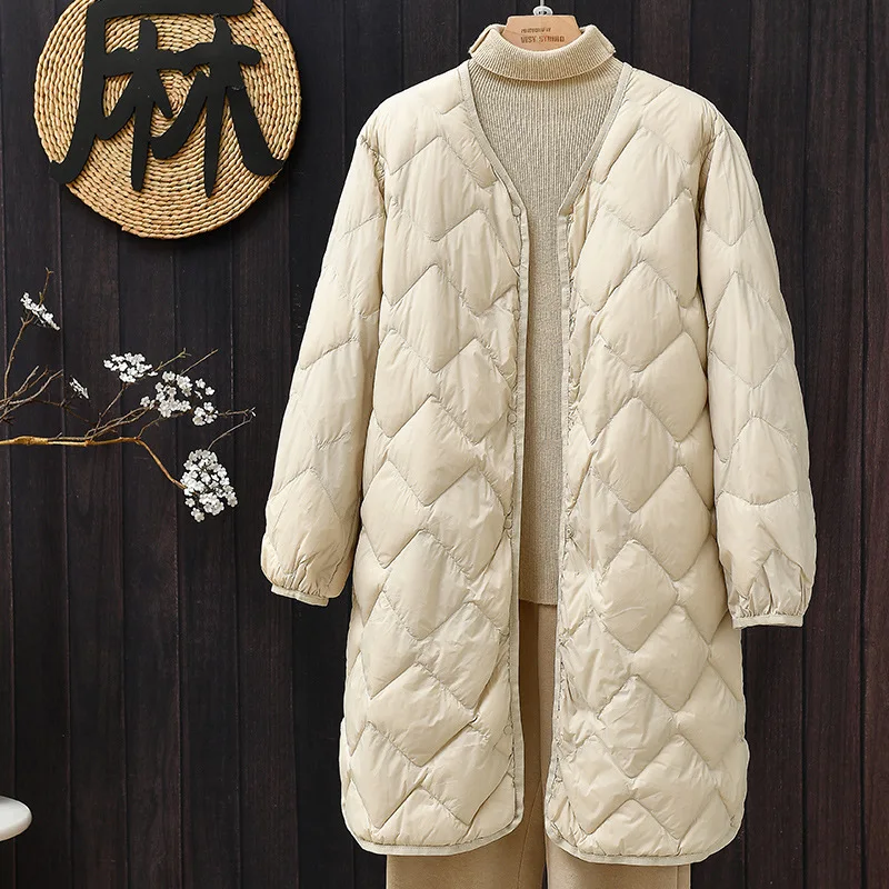 Down Coat Women Solid Jacket Diamond Quilt Button Round Neck Long Sleeves Long Loose Single Breasted Casual 2025 Autumn Winter