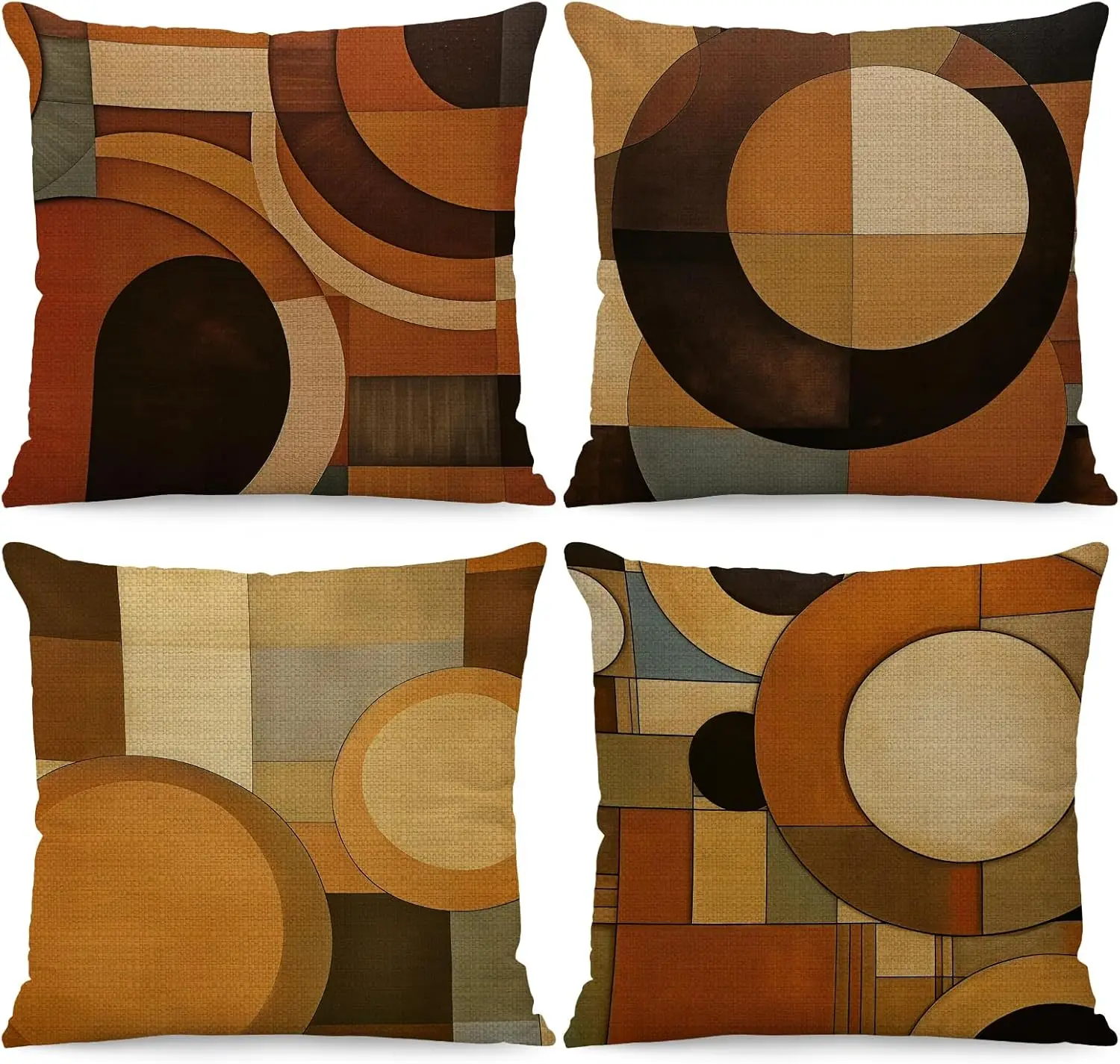 4pcs Retro Geometric Brown Orange Pillow Covers Polyester Cushion Cases Mid Century Modern Art Throw Pillowcase Set for Sofa Bed