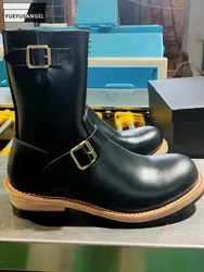Mens Cowskin Genuine Leather Boots Designer Zipper Round Toe Vintage Cargo Short Boots Thick Bottom Motorcycle High Top Shoes