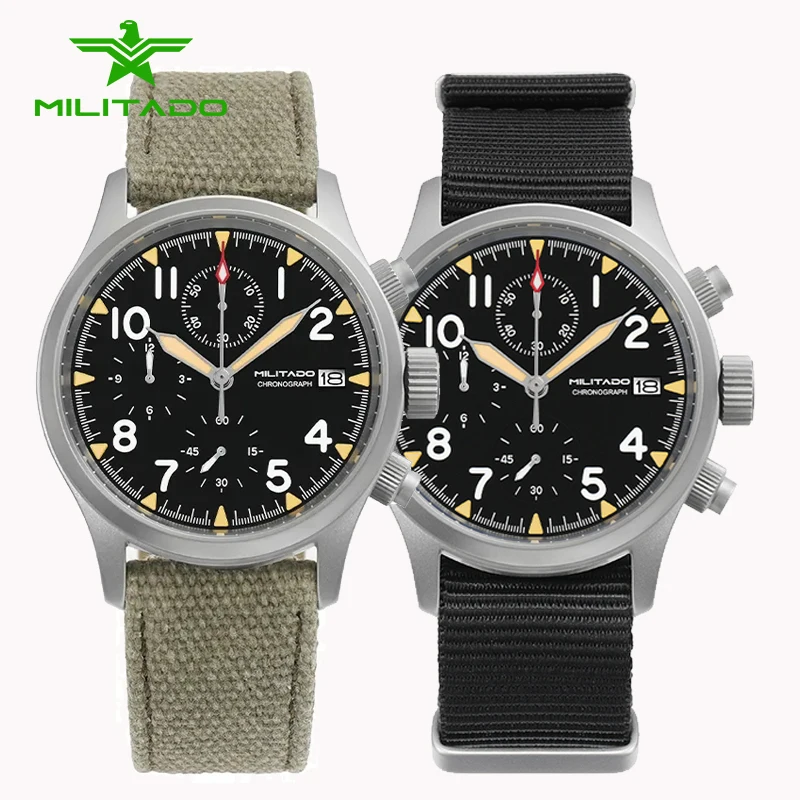 

Militado Chronograph Watch VK61 Quartz BGW9 Luminous 100M Waterproof AR Coating Retro Watch 39mm Men Vintage Military Wristwatch