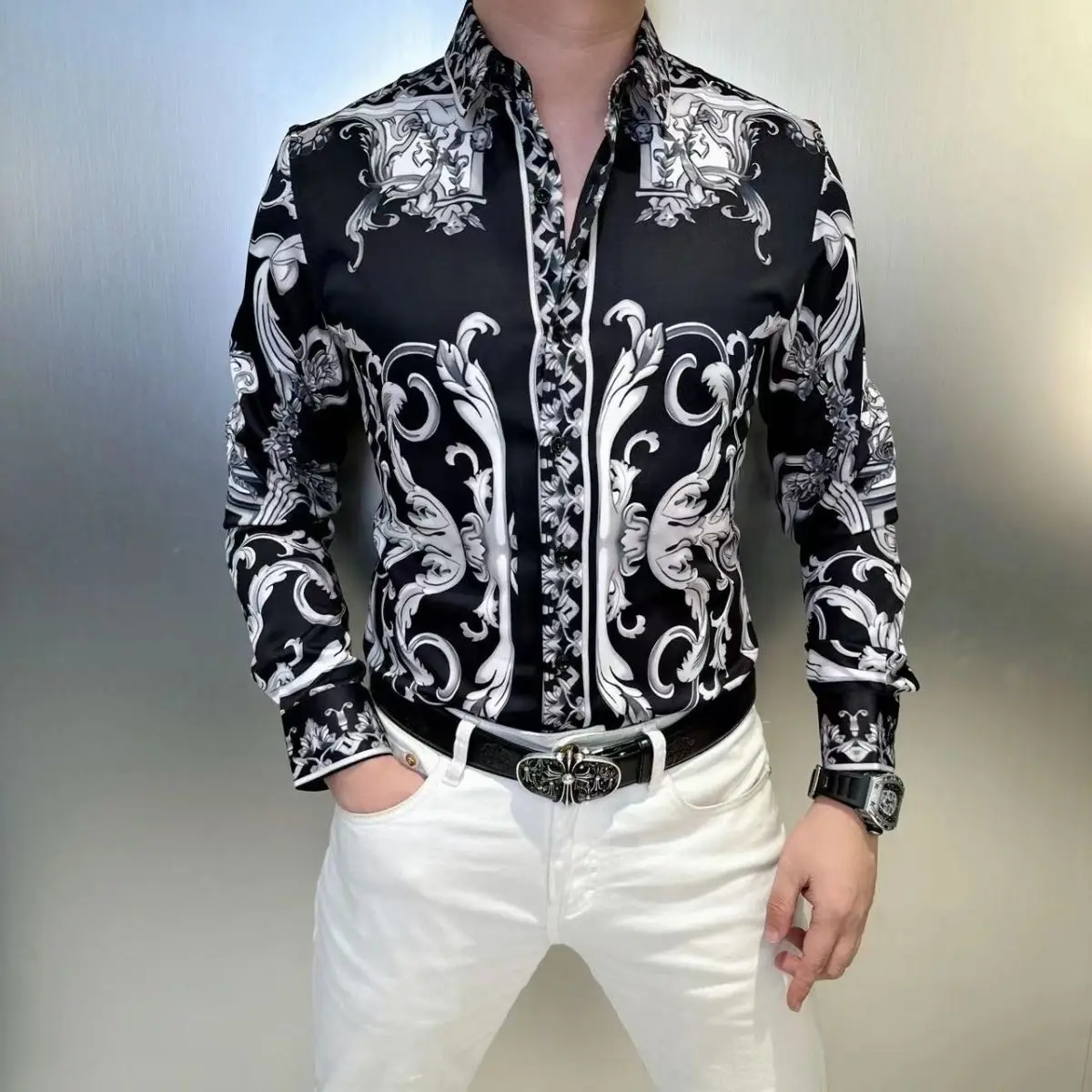 New Fashion Straight Men\'s Clothing Trend Turn-down Collar Man Tops Long Sleeve Spring Autumn Thin Printing Man Black Shirts