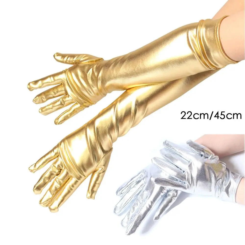 Modische Glänzende Lederhandschuhe in Gold und Silber Lang/Kurz Etikette-Handschuhe für Bühnenauftritte Clubwear Fäustlinge Cosplay