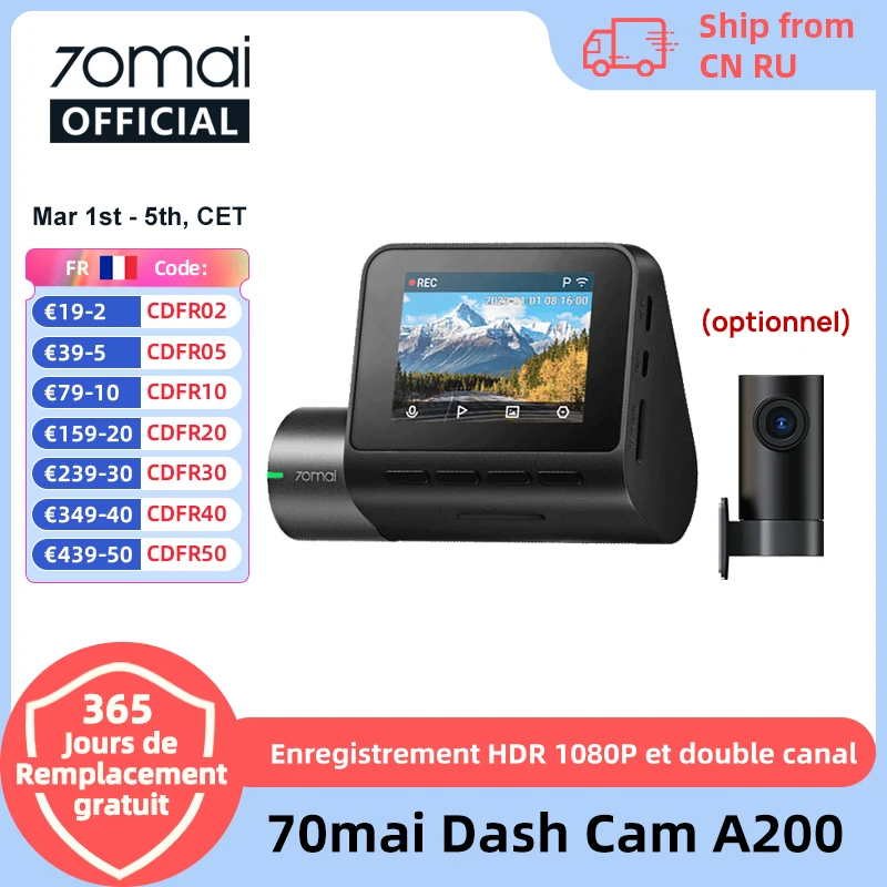 Caméra de tableau de bord Global 70mai A200, enregistrement double canal 1080P HDR, écran IPS 2 pouces, moniteur de stationnement 24H, DVR de voiture A200 WIFI APP 130 °   FOV