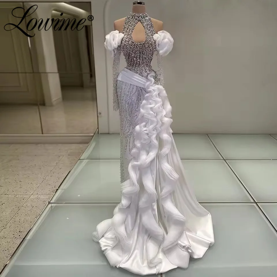 Lowime 2026 الأبيض الكشكشة طويلة فساتين لحضور الحفلات الموسيقية رداء اللؤلؤ كريستال حورية البحر فستان الحفلات مخصص أنيق رسمي المرأة ثوب مسائي
